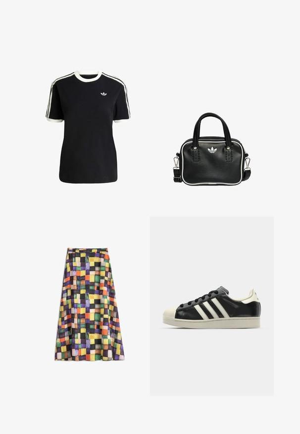 T-shirt nera in cotone con accenti bianchi sul collo e sulle maniche, caratterizzata da tre strisce bianche su ciascun spalla e un piccolo logo sul petto.; Gonna midi colorata con un motivo a scacchi di quadrati arancioni, gialli, verdi, viola, neri e beige su un tessuto fluido.; Sneaker in pelle nera con strisce bianche, punta in gomma, lacci neri e suola di colore crema. Texture liscia con finitura brillante.; Borsa a mano in pelle nera con due manici corti, hardware argentato, dettagli bianchi e un logo bianco. Presenta una superficie strutturata e un design compatto.