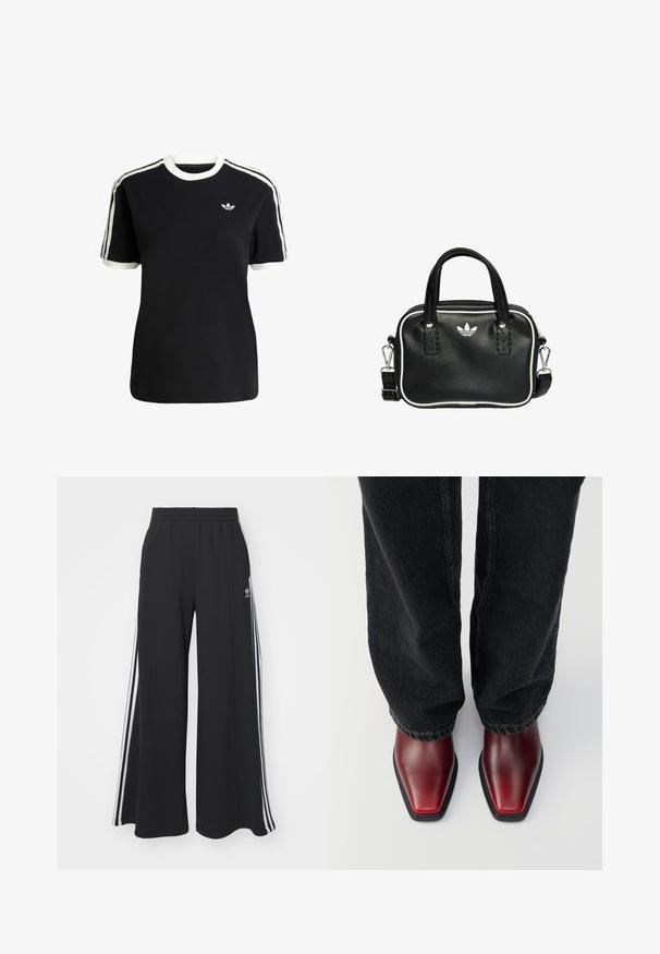 Czarna bawełniana koszulka z białymi akcentami na kołnierzyku i rękawach, z trzema białymi paskami na każdym ramieniu oraz małym logo na piersi.; Czarne szerokie spodnie dresowe z elastycznym pasem, z białymi paskami po bokach i haftowanym logo na lewej udzie.; Czerwone skórzane botki za kostkę z kwadratowym noskiem, z kontrastującą czarną gumową podeszwą. Noszone z ciemnoniebieskimi dżinsami.; Czarna skórzana torebka z dwoma krótkimi uchwytami, srebrnymi akcentami, białymi detalami i białym logo. Posiada teksturowaną powierzchnię oraz kompaktowy design.
