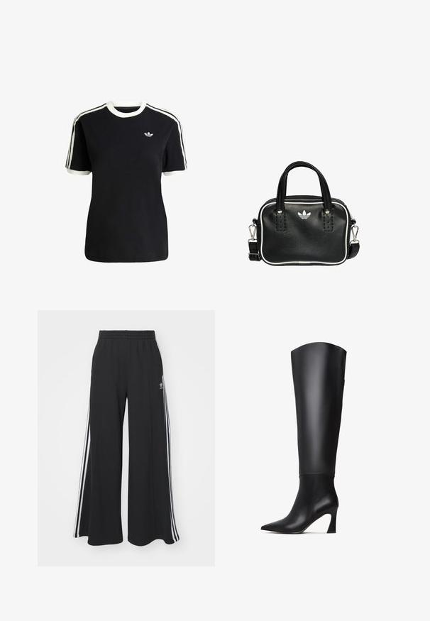 Czarna bawełniana koszulka z białymi akcentami na kołnierzyku i rękawach, z trzema białymi paskami na każdym ramieniu oraz małym logo na piersi.; Czarne szerokie spodnie dresowe z elastycznym pasem, z białymi paskami po bokach i haftowanym logo na lewej udzie.; Czarne skórzane kozaki do kolan z szpiczastym noskiem, prostą cholewką i zwężającym się wysokim obcasem. Gładka faktura z minimalnymi detalami.; Czarna skórzana torebka z dwoma krótkimi uchwytami, srebrnymi akcentami, białymi detalami i białym logo. Posiada teksturowaną powierzchnię oraz kompaktowy design.
