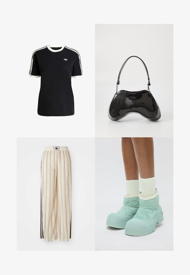 Czarna bawełniana koszulka z białymi akcentami na kołnierzyku i rękawach, z trzema białymi paskami na każdym ramieniu oraz małym logo na piersi.; Kremowe szerokie spodnie w stylu palazzo z wzorem w zygzak, z czarnym paskiem z logo oraz bocznymi czarnymi paskami. Lekki, teksturowany materiał.; Nogi ubrane w grube białe puszyste skarpetki i masywne jasnoniebieskie zimowe buty z teksturowanej tkaniny oraz gumową podeszwą na białym tle.; Czarna torebka z lakierowanej skóry o unikalnym, zakrzywionym kształcie, z krótkim, regulowanym uchwytem i zamkiem błyskawicznym na górze. Gładka tekstura z delikatnym logo.