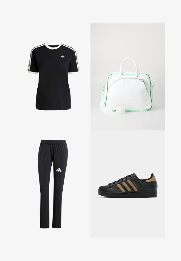 Camiseta de algodón negra con acentos en blanco en el cuello y las mangas, que presenta tres rayas blancas en cada hombro y un pequeño logo en el pecho.; Pantalones atléticos negros con cintura elástica, diseño de pierna recta, textura suave y un logotipo blanco de Adidas en el muslo izquierdo.; Zapatilla de cuero negra con tres rayas marrones, puntera de goma texturizada, cierre de cordones en la parte delantera y suela plana negra. Presenta un sutil logotipo en el talón.; Bolso de cuero blanco con ribetes verdes, que presenta un prominente logo en relieve, asas dobles, una correa desmontable y un bolsillo frontal con cremallera.