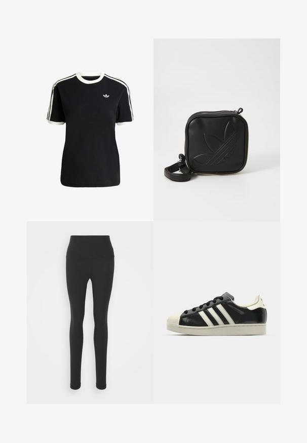 Crna pamučna majica s bijelim detaljima na ovratniku i rukavima, s tri bijele pruge na svakom ramenu i malim logotipom na prsima.; Visoke crne tajice od rastezljivog materijala, s glatkom površinom i punom dužinom, koje imaju uski kroj.; Crni kožni tenisice s bijelim prugama, gumeni zaštitni vrh, crne vezice i bijela potplata boje krem. Glatka tekstura s sjajnim završetkom.; Crna kvadratna torbica preko tijela napravljena od teksturiranog sintetičkog materijala. Ima urezani dizajn logotipa i podesivu traku. Zatvaranje na patentni zatvarač.