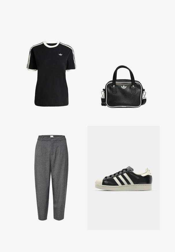 T-shirt en coton noir avec des accents blancs sur le col et les manches, arborant trois rayures blanches sur chaque épaule et un petit logo sur la poitrine.; Pantalons gris évasés en tissu texturé ; dotés de plis et d'une taille lisse avec une fermeture dissimulée.; Baskets en cuir noir avec des rayures blanches, embout en caoutchouc, lacets noirs et semelle extérieure crème. Texture lisse avec une finition brillante.; Sac à main en cuir noir avec deux poignées courtes, quincaillerie argentée, accents blancs et un logo blanc. Présente une surface texturée et un design compact.