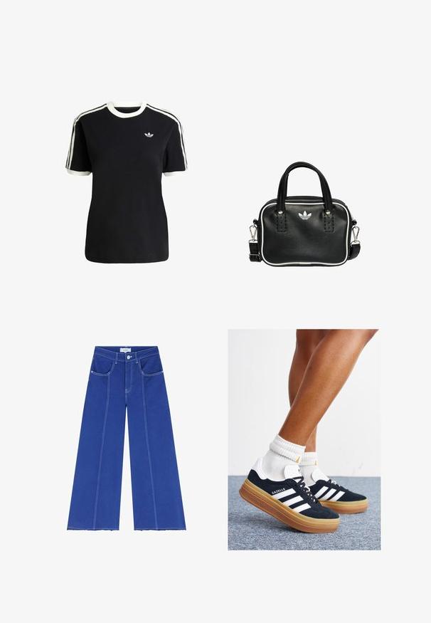 Czarna bawełniana koszulka z białymi akcentami na kołnierzyku i rękawach, z trzema białymi paskami na każdym ramieniu oraz małym logo na piersi.; Scalpers - Jeansy Dzwony; Czarne zamszowe trampki z białymi paskami i akcentami, zaokrąglonym noskiem, gumową podeszwą w kolorze jasno-brązowym, zestawione z białymi żebrowanymi skarpetkami do kostki.; Czarna skórzana torebka z dwoma krótkimi uchwytami, srebrnymi akcentami, białymi detalami i białym logo. Posiada teksturowaną powierzchnię oraz kompaktowy design.