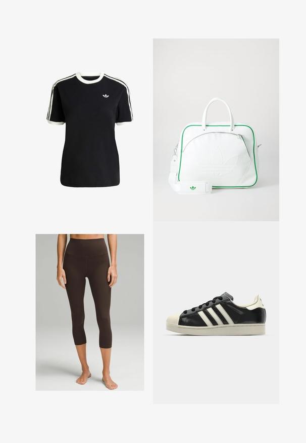 Czarna bawełniana koszulka z białymi akcentami na kołnierzyku i rękawach, z trzema białymi paskami na każdym ramieniu oraz małym logo na piersi.; lululemon - Rajstopy; Czarne skórzane trampki z białymi paskami, gumowym czubkiem, czarnymi sznurówkami i kremową podeszwą. Gładka faktura z połyskującym wykończeniem.; Biała skórzana torba z zielonymi akcentami, z wyraźnym tłoczonym logo, podwójnymi uchwytami, odpinanym paskiem i zapinaną na zamek kieszenią z przodu.