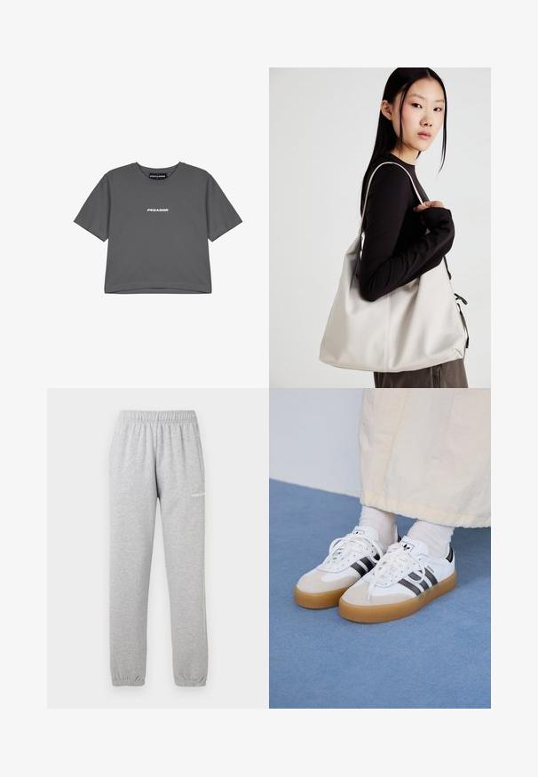 Sivi pamučni majica s kratkim rukavima i okruglim izrezom. Ima bijeli ispis "PEGADOR" na prsima. Jednostavan, opušten dizajn.; Sive trenirke izrađene od mekanog materijala, s elastičnom pasicom, manžetama na gležnjevima i bočnom džepu. Logo otisnut na lijevom bedro.; Bjele tenisice s crnim prugama i bež suknjom. Imaju teksturiranu gumu potplat i ravne bijele vezice, nošene uz svijetle čarape.; Bežna torba od mekog materijala s opuštenim dizajnom, šivanim detaljima i dva remena za rame. Pogodna za svakodnevnu upotrebu.