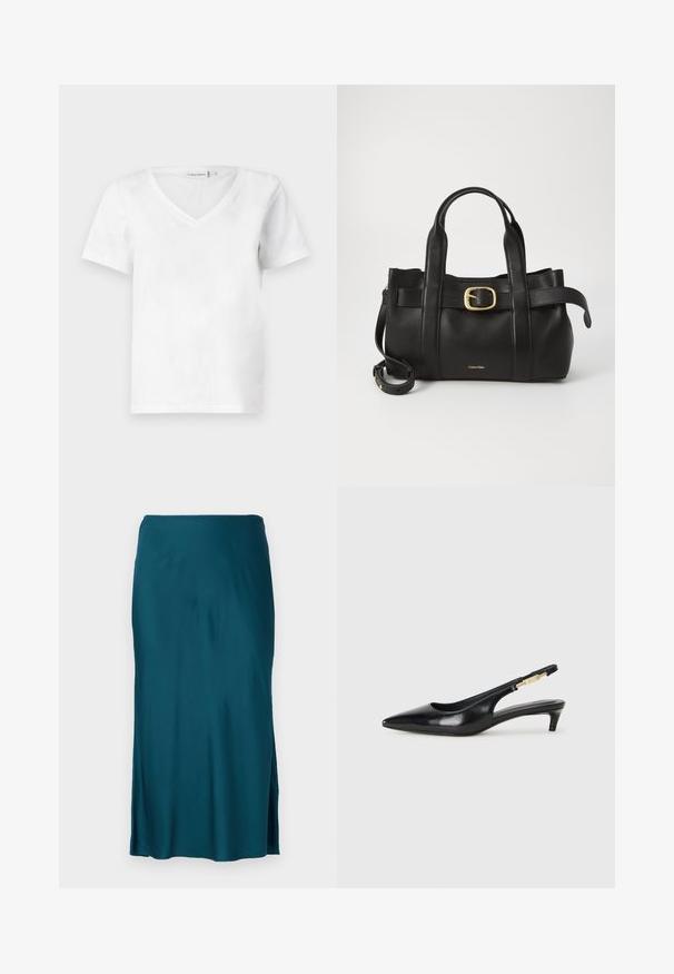 Fehér, rövid ujjú, V-nyakú póló, pamutból készült, puha tapintású és klasszikus szabású. A címke a nyakkivágásnál látható.; Türkiz selyem midi szoknya, egyenes sziluettel, oldalsó részekkel és sima textúrával; kényelmes viseletre tervezve.; Fekete bőr slingback magassarkúk, hegyes orral, vékony sarkakkal és arany színű részlettel a állítható pánton. Simа felület.; Fekete bőr kézitáska, amely strukturált kialakítással rendelkezik, dupla felső fogantyúval, arany tónusú csattal és a márka dombornyomott logójával az elején.