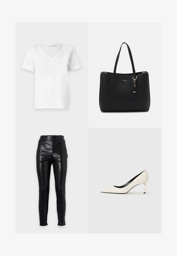 Bela kratka majica s kratkimi rokavi in V-izrezom, izdelana iz bombaža, z mehko teksturo in klasičnim krojem. Oznaka vidna na izrezu.; Črne hlače iz umetnega usnja z visokim pasom, gladko in sijočo teksturo, stranskimi šivi in zadrgami na gležnjih za prilegajočo silhueto.; Bela lakirana visoka peta s uskim nosom, tankom petom in črnim notranjim detajlom. Gladka tekstura in eleganten dizajn.; Črna torba iz teksturiranega sintetičnega materiala, opremljena z dvema ročajoma, z zlatim logotipom in majhno oznako z detajlom v kontrastni barvi.