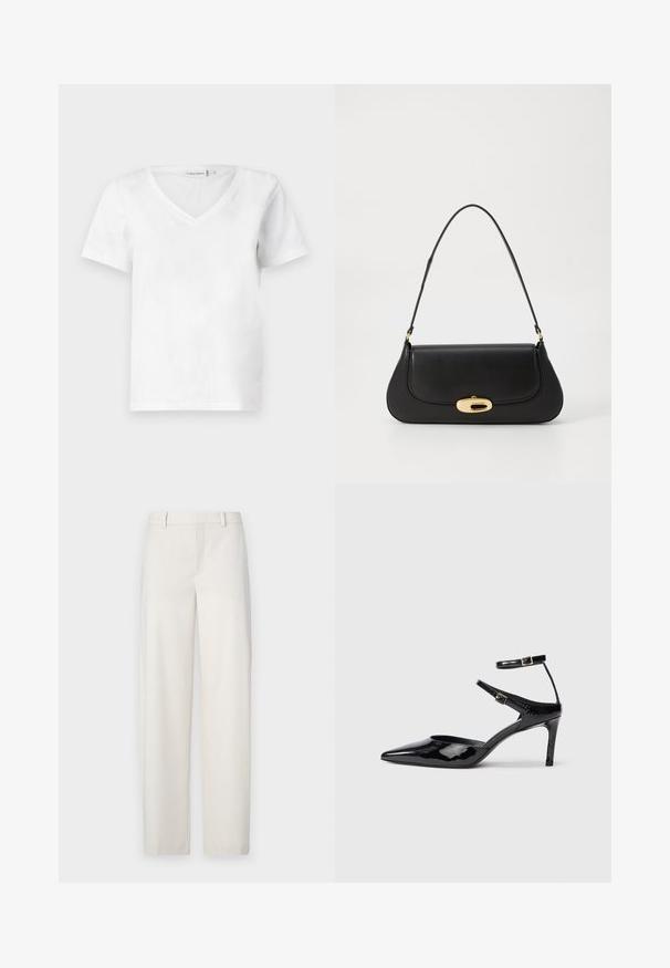 Witte korte mouwen V-hals t-shirt gemaakt van katoen, met een zachte textuur en een klassieke pasvorm. Label zichtbaar bij de hals.; Lichtbeige broek gemaakt van een gladde stof, met een rechte snit, platte voorkant, riemlussen en zakken aan de zijkant.; Zwarte laarzen van gepatenteerd leer met een spitse neus, verstelbare enkelbandjes en een slanke hak. Gladde textuur met een glanzende afwerking.; Zwarte leren handtas met een gebogen ontwerp, goudkleurige accenten en een bovenhandvat. Heeft een strakke sluiting en een gladde textuur.