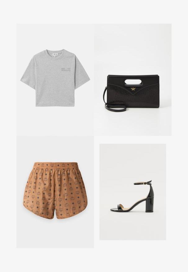 Šedé skrátené tričko s krátkymi rukávmi, vyrobené z mäkkého bavlneného materiálu. Obsahuje jemne embosované logo vpredu a okrúhly výstrih.; Hnedé šortky s celoplošným vzorom loga a tmavo modrými diamantovými akcentmi, elastickým pásom a ľahkou textúrovanou tkaninou.; Čierne lakované sandále s širokým podpätkom, otvorenou špičkou a remienkom okolo členka s zlatou sponou. Hladká textúra a elegantný dizajn.; Čierna kabelka so štruktúrovaným tvarom, s hornou rukoväťou, hladkým koženým vonkajškom a textúrovanou látkou so pruhovanými vzormi. Zlaté kovanie.
