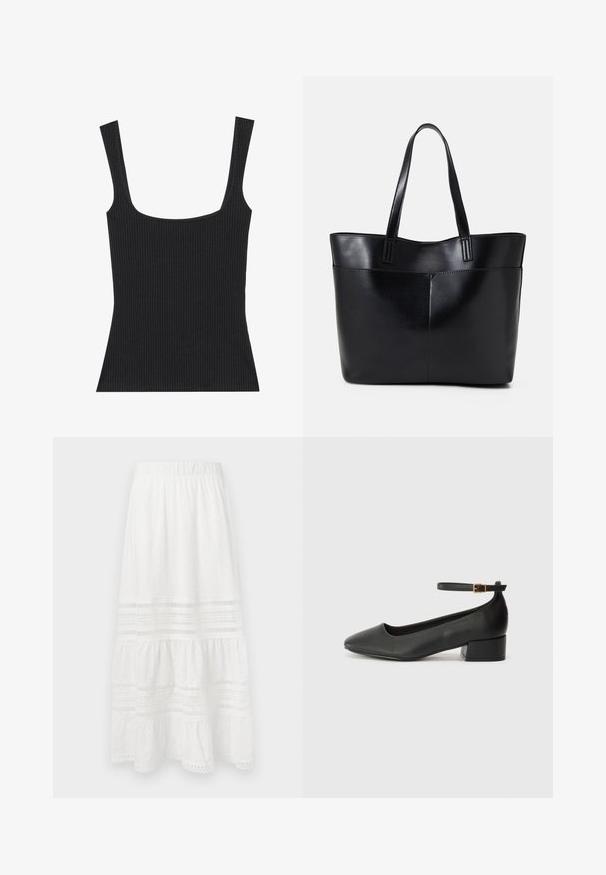 Črna žametačast majica brez rokavov s kvadratnim izrezom in ozkimi, nastavljivimi naramnicami. Tkanina ima teksturiran vzorec in prilegajoč dizajn.; Bela bombačky iz bombaža z odprtimi očesi, v več nivojih, z gumiranim pasom in čipkastimi poudarki ob robu in panelih.; Črne usnjene pumpice z nazobčanimi prsti in nizko blokasto peto. Imajo trak okoli gležnja z zaponko v zlatem tonu. Gladka tekstura.; Črna usnjena torba z dvema dolgima ročajema, gladko teksturo in strukturirano obliko. Ima sprednji žep za dodatno shranjevanje.