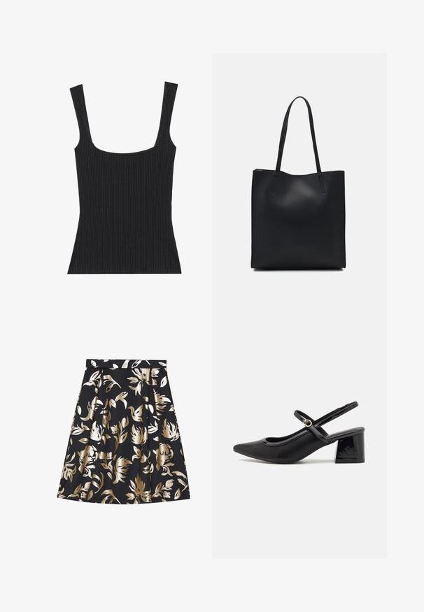 Fekete bordázott ujjatlan felső négyzet alakú nyakkivágással és vékony, állítható pántokkal. Az anyag texturált mintázattal és testhezálló fazonnal rendelkezik.; Anna Field A-vonalú szoknya - black; Fekete lakk bőr, pántos magassarkú cipő, hegyes orral, lekerekített kivágással és tömbsarkal. Arany színű csat díszíti.; Fekete bőrtáska sima felszínnel, téglalap alakú, két hosszú füllel. Nincs látható fémkiegészítő vagy díszítés.