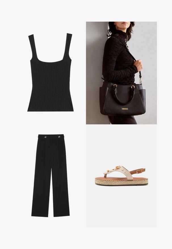 Črna žametačast majica brez rokavov s kvadratnim izrezom in ozkimi, nastavljivimi naramnicami. Tkanina ima teksturiran vzorec in prilegajoč dizajn.; Črne široke hlače s visokim pasom, gumbnimi detajli na pasu in sprednjimi gubami.; Bež sandal z usnjenim trakom, okrašenim s bisernimi detajli in espadrille obliko podplata. Nastavljiv gleženjski trak in prepleteni jutikov detajli na platformi.; Črna torbica z teksturirano površino, z dvema zgornjima ročajema in nastavljivim ramenskim pasom. Ima zlatovrateče dodatke in stranske žepe.