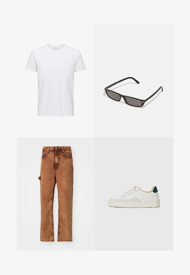 Camiseta blanca de manga corta hecha de algodón suave, con cuello redondo y corte estándar, sin patrones ni piezas visibles.; Pantalones marrones de pierna ancha, hechos de una tela suave. Cuentan con un cierre de botón, bolsillos frontales y un detalle de correa lateral para mayor funcionalidad.; Zapatilla blanca con acentos de ante, puntera redondeada, cordones planos y suela de goma color crema. Presenta un logo verde en el talón.; Gafas de sol rectangulares negras con lentes oscuros. Montura de plástico con acabado mate. Acentos dorados en las varillas y logotipo de marca.