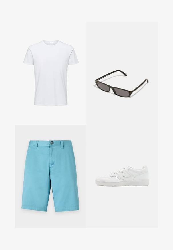 T-shirt bianco a maniche corte realizzato in morbido cotone, con collo rotondo e vestibilità standard, senza fantasie né hardware visibili.; Pantaloni corti azzurri realizzati in un tessuto liscio. Presentano una chiusura con bottone e passanti per la cintura, con una vestibilità dritta che arriva fino al ginocchio.; Sneaker bianco realizzato in pelle liscia, con punta perforata, suola in gomma testurizzata, lacci piatti e un prominente logo 'N' sul lato.; Occhiali da sole rettangolari neri con lenti scure. Montatura in plastica con finitura opaca. Dettagli dorati sugli steli e marchio del logo.