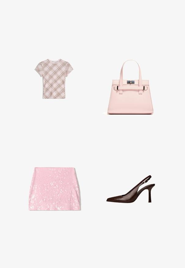Roza majica s kratkimi rokavi z rjavim poševnim karirastim vzorcem, okroglo ovratnik in subtilnim volančkom na ovratniku, razporejena na beli podlagi.; Mini krilo iz roza bleščic z navpično rebrasto teksturo, ki ima prilegan silhueto in bleščeče bleščice po površini.; Rjava usnjena slingback čevlja s koničastim nosom in tankim petam. Ima majhno dekorativno sponko na traku in sijajno površino.; Roza strukturirana torba iz teksturirane kože, ki ima dva zgornja ročaja, zapiralo na sponko in kontrastne kovinske detajle.