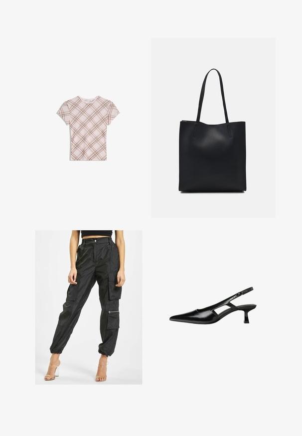 Růžové tričko s krátkým rukávem, hnědým diagonálním kostkovaným vzorem, kulatým výstřihem a jemným volánkovým lemem na límci, položeno na bílé pozadí.; Černé cargo kalhoty vyrobené z lehkého materiálu mají více kapes, elastické manžety a boční kapsu na zip pro zvýšenou funkčnost.; Černé lakované lodičky na podpatku se špičatou špičkou, výřezovým designem na boku a malým čtvercovým podpatkem. Hladká textura s minimálními akcenty.; Černá kožená taška přes rameno s hladkým povrchem, obdélníkovým tvarem a dvěma dlouhými uchy. Žádné viditelné kování ani ozdoby.