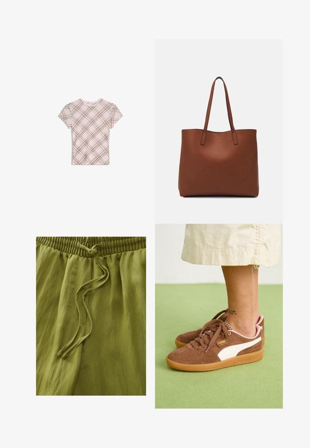 Ružová tričko s krátkym rukávom s hnedým diagonálnym károvaným vzorom, okrúhly výstrih a jemný volánik na golieri, položené na bielom pozadí.; Olivové zelené nohavice vyrobené z ľahkého materiálu. Majú elastický pás a šnúrku na sťahovanie. Hladká textúra s jemným splývaním.; Hnedé semišové tenisky s bielymi akcentmi, gumovou podrážkou a ružovou pätou. Viditeľné šnúrky a detail značky. Čiastočne viditeľné tetovanie na členku.; Hnedá kožená taška na rameno s hladkou textúrou, otvoreným vrchom a dvoma ramenými popruhmi. Má minimálne šitia a žiadne viditeľné kovania.