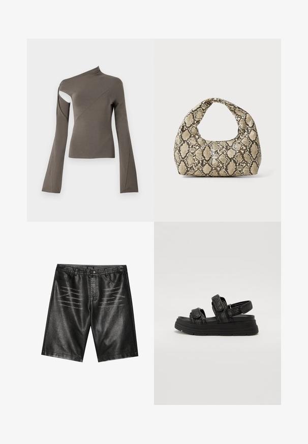 Asymetrická blúzka s dlhým rukávom v olivovej zelenej farbe, s výrezom na jednom ramene, hladkou textúrou a rozšíreným dizajnom rukávov.; Čierne šortky z faux kože s hladkým povrchom, piatimi vreckami a jemným páskovaním na prednej strane. Klasický strih rovného strihu.; Čierne sandále s textúrovaným popruhom, ktoré majú dve nastaviteľné suché zipsy a hrubú gumovú podrážku pre zvýšenie výšky.; Kabelka s hadím vzorom a zakriveným rukoväťou. Vyrobená z textúrovaných béžových a hnedých materiálov, s charakteristickým diamantovým vzorom.