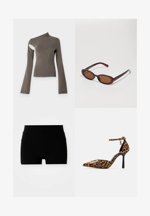 Asymmetrisk langermet topp i olivengrønn, med et utsnitt på den ene skulderen, glatt tekstur og utvidede ermer.; Mustat shortsit korkealla vyötäröllä, joissa on sileä, venyvä materiaali ja yksinkertainen, vartalonmyötäinen muotoilu. Ei näkyviä kuvioita tai tarvikkeita.; Kengät, joissa on leopardi-printti, korkea korko, terävä kärki, samettinen pinta, nilkkahihna ja kristallikoristeinen solki. Musta stiletto-korko.; Pyöreät, ruskehtavat aurinkolasit, joissa on kiiltävä burgundinpunainen runko. Kapeat sivut, joissa on hienovarainen brändäys. Litteät linssit.