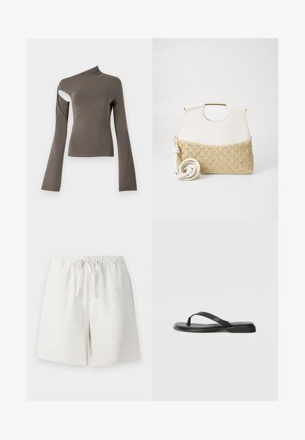 Haut à manches longues asymétrique en vert olive, présentant une découpe sur une épaule, une texture lisse et un design de manches évasées.; Shorts en lin de couleur blanc crémeux avec une taille élastique et un cordon de serrage. Présente une surface texturée et une coupe décontractée.; Tongs noires en cuir lisse, avec un design de sangle fine et une semelle plate à profil minimal. Aucun motif ou accent notables.; Sac à main en cuir blanc avec un fond en tissu tissé crème texturé. Comprend une poignée en métal doré et une sangle enroulée blanche pour plus de polyvalence.