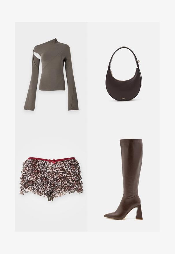 Asymmetrische langemouwen top in olijfgroen, met een uitsnijding op één schouder, gladde textuur en uitlopende mouwontwerp.; Bloemenprint luipaardshorts met gelaagde ruffles, met een rode kant tailleband en een kleine strikaccent aan de voorkant.; RAID TENBY - Laarzen - brown; Furla DELIZIA MINI SHOULDER BAG - Handtas - cioccolato