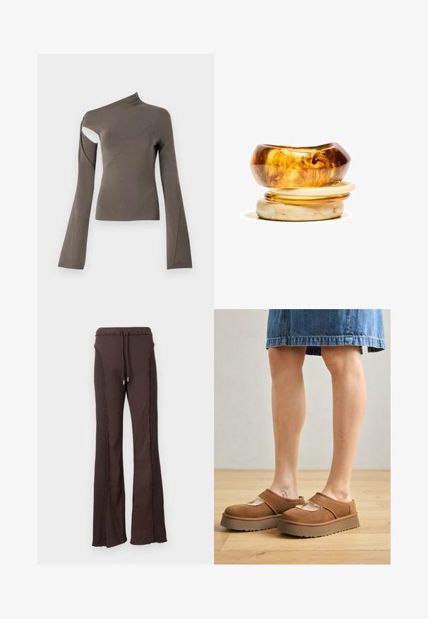 Asymetryczna bluzka z długim rękawem w oliwkowym kolorze, z wycięciem na jednym ramieniu, gładką teksturą i rozkloszowanym fasonem rękawów.; Brązowe, prążkowane spodnie z szerokimi nogawkami, z paskiem ściągającym w talii oraz ozdobnym przeszyciem po bokach. Miękka tekstura i luźny krój.; Brązowe zamszowe buty na platformie z zaokrąglonym noskiem, wyciętymi detalami i solidną podeszwą, w towarzystwie dżinsowej spódnicy na drewnianej podłodze.; Stos dwóch pierścionków; górny jest bursztynowy z wirami, a dolny jasnobeżowy; oba są gładkie i błyszczące z żywicy.