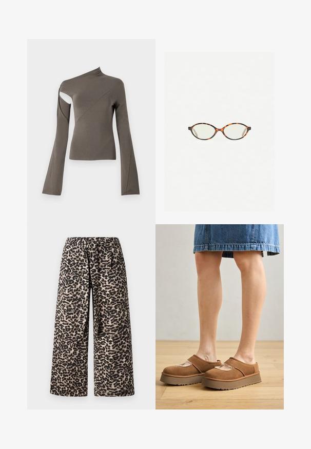 Asymetryczna bluzka z długim rękawem w oliwkowym kolorze, z wycięciem na jednym ramieniu, gładką teksturą i rozkloszowanym fasonem rękawów.; Spodnie typu wide-leg w wzór lamparta, z czarno-beżową kolorystyką, wykonane z miękkiego materiału i z elastycznym pasem dla wygody.; Brązowe zamszowe buty na platformie z zaokrąglonym noskiem, wyciętymi detalami i solidną podeszwą, w towarzystwie dżinsowej spódnicy na drewnianej podłodze.; Okulary w kolorze tortoiseshell z owalnymi soczewkami i gładkim, eleganckim wykończeniem. Posiadają cienkie boki z delikatnym łukiem w okolicy skroni. Przezroczyste soczewki.