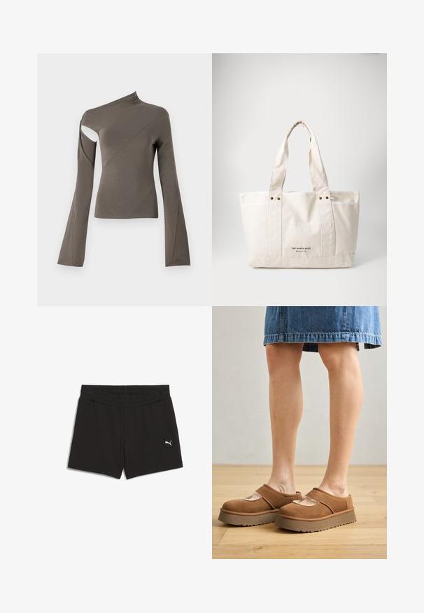 Top assimétrico de manga longa em verde-azeitona, com um recorte em um dos ombros, textura suave e design de mangas largas.; Calças curtas atléticas pretas com uma cintura elástica, feitas de um tecido macio. Apresenta um pequeno logotipo branco na parte inferior esquerda da frente.; Sapatos de plataforma em camurça castanha com ponta redonda, detalhes recortados e sola resistente, acompanhados por uma saia de denim num ambiente com chão de madeira.; Bolsa de lona em bege claro com duas alças robustas, acabamento em branco contrastante e logotipo "THE NORTH FACE" em negro na parte da frente.
