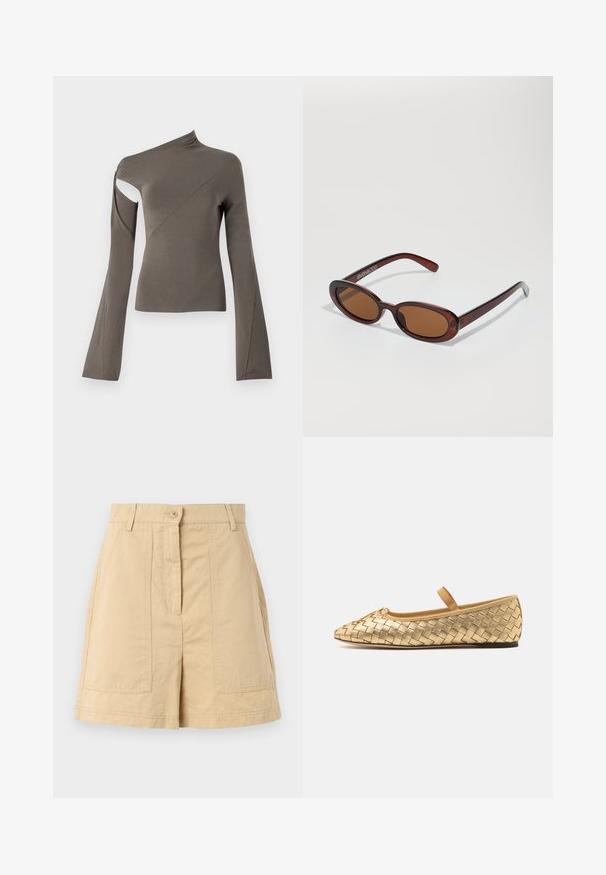 Asimetrična bluza s dugim rukavima u maslinastoj boji, koja sadrži izrez na jednom ramenu, glatku teksturu i dizajn rukava u obliku zvona.; Bež pamuk hlače s visokim strukom, prednjim zatvaranjem na dugme, petljama za pojas i dva prednja svjetlosna džepa. Glatka tekstura i krojeni dizajn.; Loeffler Randall LEONIE SOFT BALLET FLAT - Balerinke s trakom oko gležnja - gold; Okvir okruglih, smeđkastih sunčanih naočala s sjajnim burgundskim okvirom. Uski nositelji s suptilnim brendiranjem. Ravna leća.