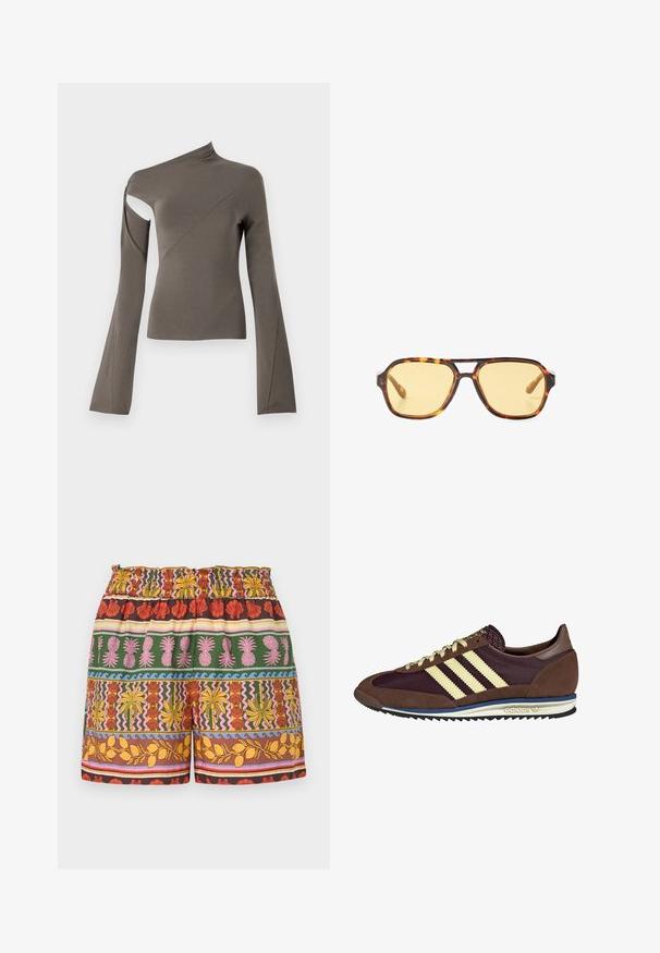 Asymetrická blúzka s dlhým rukávom v olivovej zelenej farbe, s výrezom na jednom ramene, hladkou textúrou a rozšíreným dizajnom rukávov.; Kratšie nohavice s viacerými vzormi, ktoré obsahujú svetlé farby ako červená, žltá, zelená a ružová, s elastickým pásom a rôznymi tropickými motívmi.; Hnedé a bordové tenisky z semišu a sieťoviny, s tromi krémovými pruhmi, textúrovanou tkaninou na jazyku a gumovou podrážkou.; Korytnačie slnečné okuliare s geometrickým dizajnom, žltými sklami a kovovými akcentmi na spánkoch. Široký rám a matný povrch.
