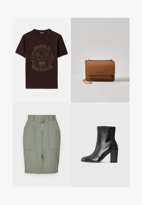 Črna majica s kratkimi rokavi, izdelana iz bombaža, z grafiko lobanje obrobljeno z zlatimi žebljički ter napisom "Zadig & Voltaire", okroglo izrezana.; Khaki bomba krilo s ravnim krojem, dvema sprednjima žepoma, zadrgo in zankami za pas. Gladka tekstura z subtilnim sijajem.; Črne usnjene gležnarske čevlje z gladko teksturo, koničastim nosom in debelim visokim petam. Imajo stransko odprtino in minimalističen dizajn.; Rjava teksturirana usnjena torba čez ramo z zlatim verižnim trakom in zapiranjem na pokrov. Spredaj je vidna podrobnost logotipa in žep pod pokrovom.
