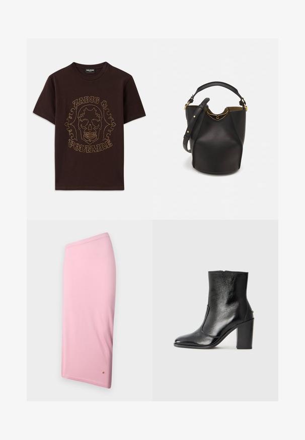 Mustast puuvillasest T-särgist, millel on kuldsete nupukestega ääristatud kolju graafika ja "Zadig & Voltaire" tekst, lühikesed varrukad ja ümar kaelus.; Roosa põlveni ulatuv seelik, mis on tehtud siledast kangast, lihtsa disainiga, varjatud talje ja väikese logo aktsendiga hemmi ääres.; Must kõvale nahast pahklipsu saapad, millel on sile tekstuur, terav varvas ja paks kõrge kann. Omab külgavatust ja minimalistlikku disaini.; Mustast nahkämbriga kott tekstuurses viimistluses, kuldsete metalldetailide aktsentidega ja avatud ülaosaga. Omab lühikest käepidet ja reguleeritavat õlavarre rihma.