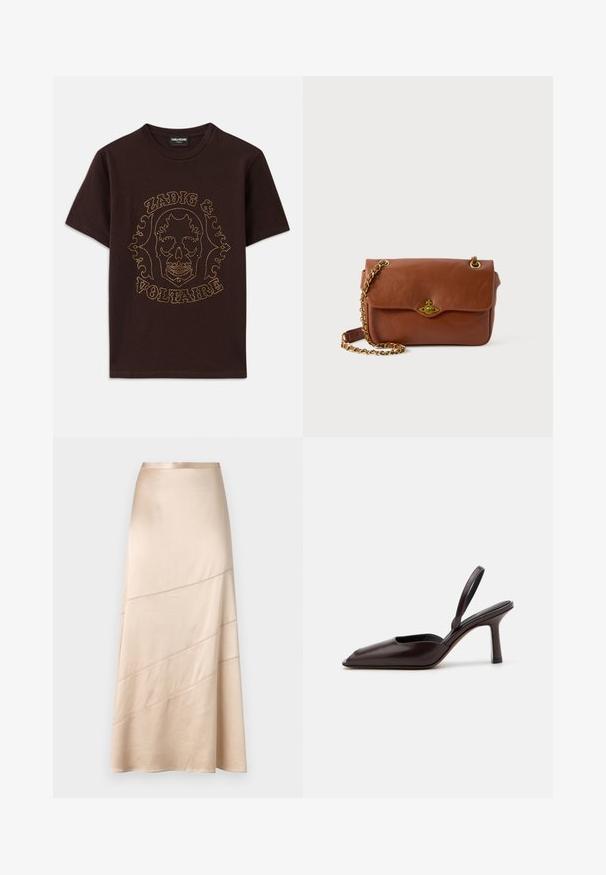 Schwarzes T-Shirt aus Baumwolle mit einem Skelettgrafik, die von goldenen Nieten umrissen ist, mit dem Text "Zadig & Voltaire", kurzen Ärmeln und Rundhalsausschnitt.; Helle beigefarbene Satin-Midi-Rock mit fließender Silhouette, diagonalen Nähten und glatter Textur mit einem subtilen Glanz.; Braune patentierte Leder-Slingback-Pumps mit spitzem Zehenbereich und schlankem, hohen Absatz. Bietet ein elegantes Design und eine glatte Oberflächenstruktur.; Braune Leder-Crossbody-Tasche mit Klappenverschluss, goldenen Beschlägen und einer Kettenriemen. Glatte Textur, rechteckige Form, minimalistische Details.