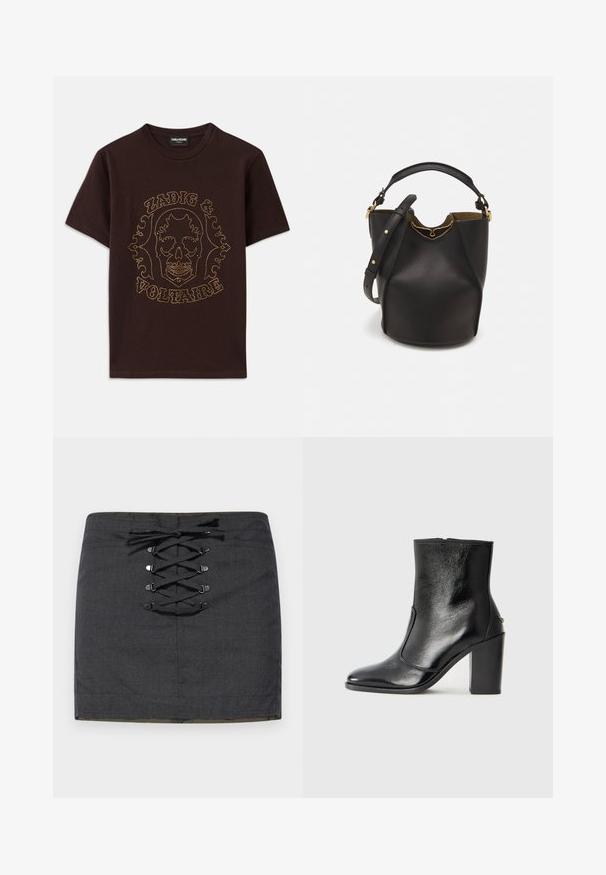 Mustast puuvillasest T-särgist, millel on kuldsete nupukestega ääristatud kolju graafika ja "Zadig & Voltaire" tekst, lühikesed varrukad ja ümar kaelus.; Tumehall mini seelik, mille esiosas on nöörimine metallist detailidega. Sile tekstuur, keha lähedane lõige ja keskelt tõstetud vöökoht.; Must kõvale nahast pahklipsu saapad, millel on sile tekstuur, terav varvas ja paks kõrge kann. Omab külgavatust ja minimalistlikku disaini.; Mustast nahkämbriga kott tekstuurses viimistluses, kuldsete metalldetailide aktsentidega ja avatud ülaosaga. Omab lühikest käepidet ja reguleeritavat õlavarre rihma.