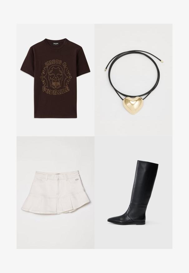 Svart t-shirt i bomull med ett dödskallemotiv som är inramat av guldstänk, med texten "Zadig & Voltaire", korta ärmar och rundad hals.; Vit denimkjol med en åtsittande midja och en utsvängd plisserad nederkant. Inkluderar framfickor och en liten logodetalj på midjebandet.; Svarta läderknähöga stövlar med spetsig tå och minimalistisk design. Slät yta och platt sula, med diskreta sömmar på sidan.; Svart flätad snöre halsband med ett polerat guldhjärta hänge med mjuka kurvor och en glänsande yta.