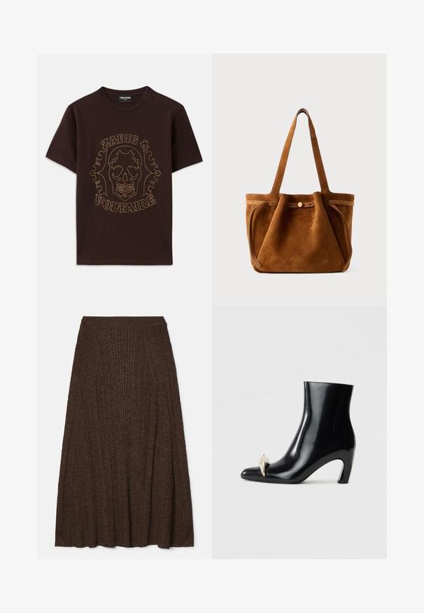 Musta t-paita, joka on valmistettu puuvillasta ja jossa on kultaisilla niitittämillä reunustettu pääkallo grafiikka sekä "Zadig & Voltaire" -teksti. Lyhyet hihat ja pyöreä kaula-aukko.; Mikrofonnen brun ribbet midi-skjørt med strukturert finish, som har en tettsittende midje og plisserte detaljer for volum og bevegelse.; Mustat nilkkurit, jotka on valmistettu kiiltävästä nahasta, ja joissa on terävä kärki sekä koristeellinen kultainen ja hopeinen aksentti edessä. Laiton korko.; Ruskea samettinen kantolaukku, jossa on kaksinkertaiset kahvat, nappikiinnitys ja rento, hieman lörpähtänyt muoto.