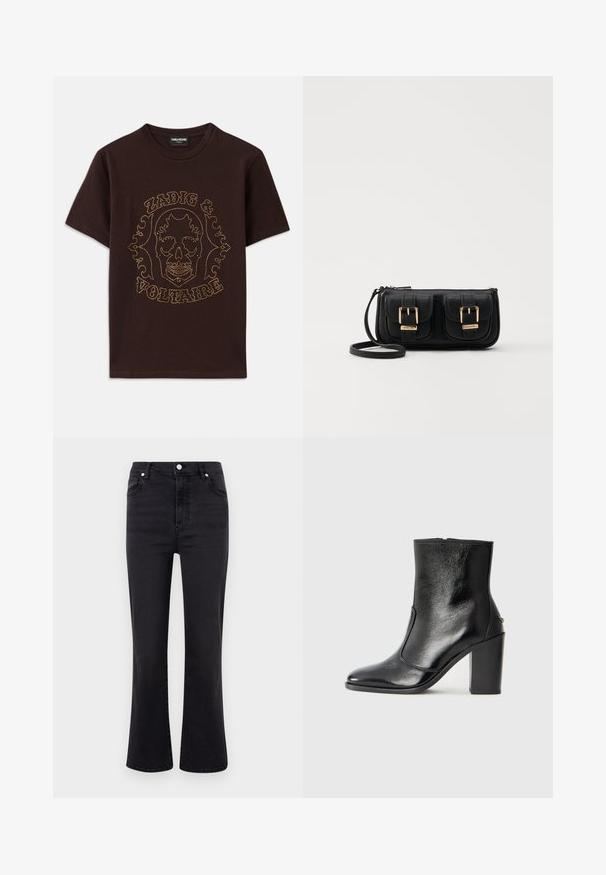 Black t-shirt made of cotton, featuring a skull graphic outlined in gold studs with "Zadig & Voltaire" text, short sleeves and crew neck.; Black flared jeans with a high waist, made of denim. Features front pockets, a button closure, and a smooth texture.; Black leather ankle boot with a smooth texture, pointed toe, and a chunky high heel. Features a side opening and minimalistic design.; Black leather crossbody bag with two front pockets, gold buckles, zipper closure, and a slim strap. Textured surface and compact rectangular shape.