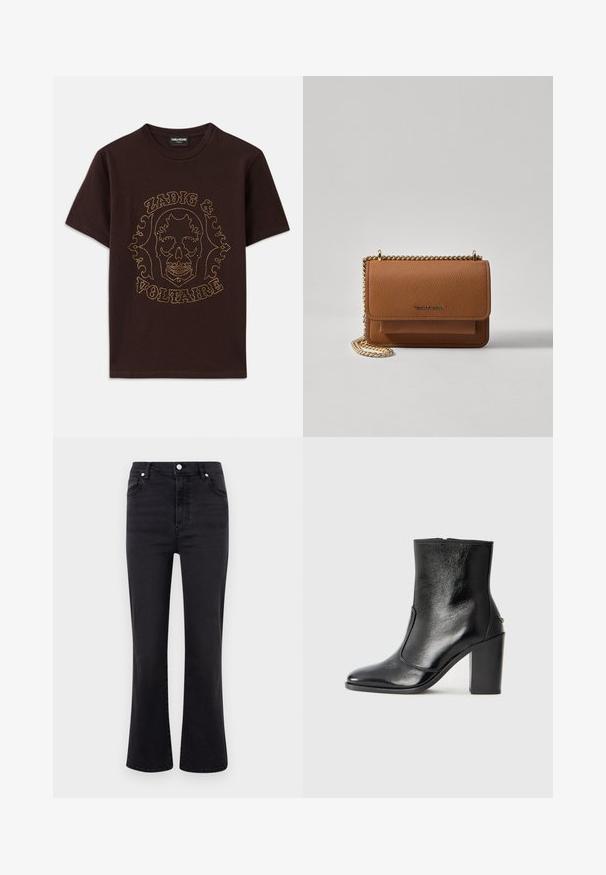 Črna majica s kratkimi rokavi, izdelana iz bombaža, z grafiko lobanje obrobljeno z zlatimi žebljički ter napisom "Zadig & Voltaire", okroglo izrezana.; Črne uširjene kavbojke z visokim pasom, narejene iz denima. Imajo sprednje žepi, zapiranje na gumb in gladko teksturo.; Črne usnjene gležnarske čevlje z gladko teksturo, koničastim nosom in debelim visokim petam. Imajo stransko odprtino in minimalističen dizajn.; Rjava teksturirana usnjena torba čez ramo z zlatim verižnim trakom in zapiranjem na pokrov. Spredaj je vidna podrobnost logotipa in žep pod pokrovom.