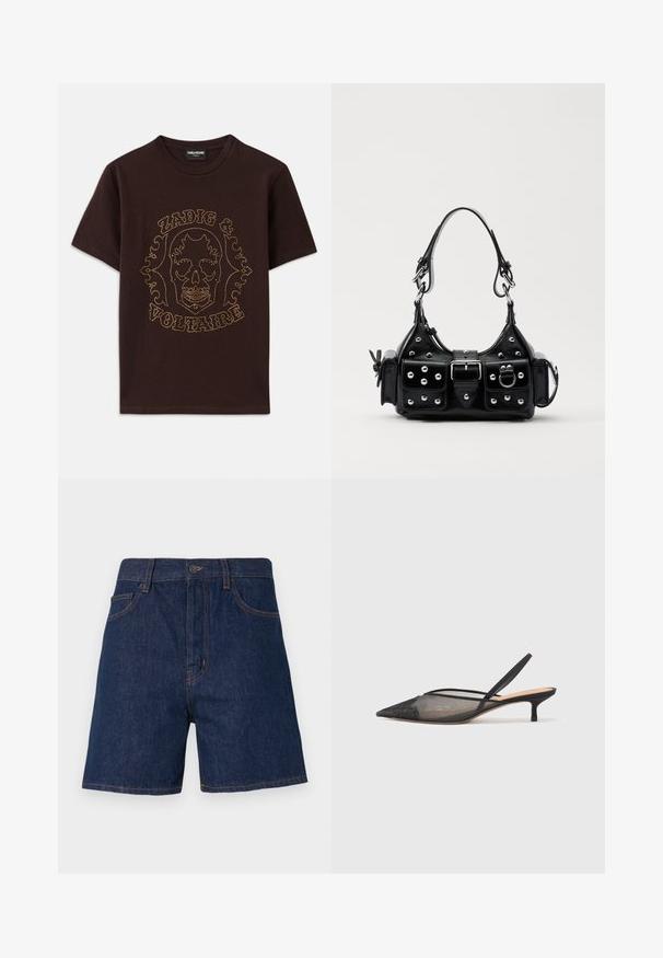 Černé tričko vyrobené z bavlny, s grafikou lebky obrysovanou zlatými cvočky a textem "Zadig & Voltaire", krátké rukávy a kulatý výstřih.; Tmavě modré džíny kraťasy s klasickým pětikapsovým designem, viditelným oranžovým prošíváním a knoflíkovým zapínáním v pase.; NEOUS IRENA - Klasické lodičky - black; Černá kožená kabelka s křivkovým designem, zdobená stříbrnými hřebíky, s přezkou a dvěma bočními kapsami. Nastavitelný popruh pro různé možnosti nošení.