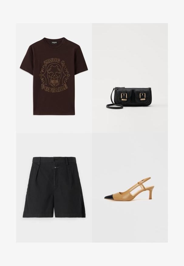 Svart t-skjorte laget av bomull, med et hodeskalle-design uthevet med gullnitter og teksten "Zadig & Voltaire", korte ermer og rund hals.; CLOSED REVYL - Jeansshorts - black; Brune slingback hæler med spisser i sort tåhette, med utskårne sider og en middels høy blokkhæl. Mykt skinnmateriale.; Svart skinn crossbody veske med to frontlommer, gyldne spenner, glidelåslukking og en slank stropp. Teksturert overflate og kompakt rektangulær form.