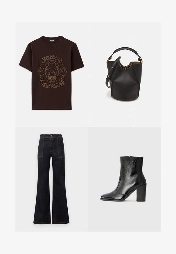 Fekete pamut póló, arany szegecsekkel körbefuttatott koponya grafikával, "Zadig & Voltaire" felirattal, rövid ujjú és kerek nyakkivágású.; Felső csípőig érő, sötét farmernadrág, fodros szabással, narancssárga varratokkal és két elülső zsebbel. Sima textúra, tiszta kidolgozás, klasszikus dizájn.; Fekete bőr bokacipő sima textúrával, hegyes orral és vastag, magas sarkával. Oldalnyílással és minimalista dizájnnal rendelkezik.; Fekete bőr vödör táska texturált felülettel, arany hardware részletekkel és nyitott tetejével. Rövid fogantyúval és állítható vállpánttal rendelkezik.
