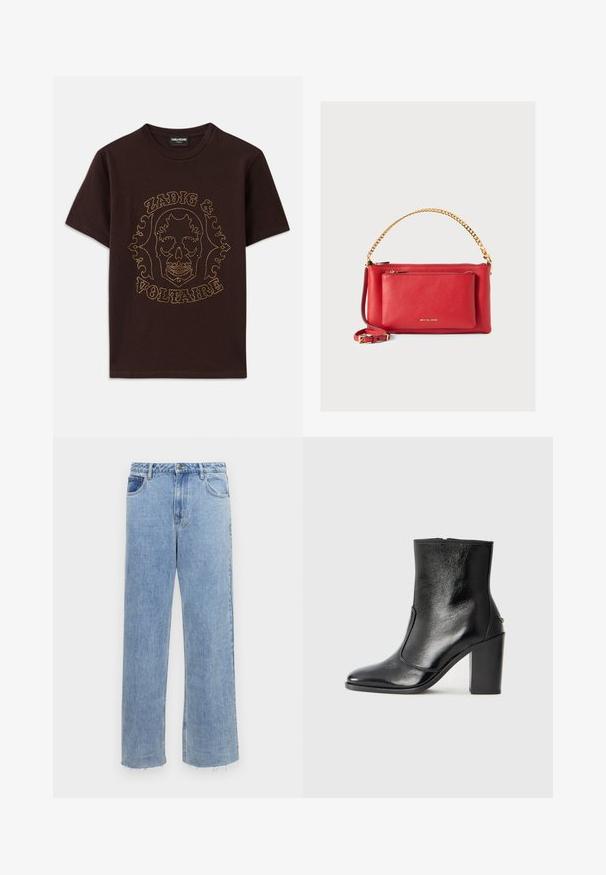 Camiseta negra de algodón, con un gráfico de calavera contorneado con tachuelas doradas y el texto "Zadig & Voltaire", de manga corta y cuello redondo.; Jeans de mezclilla de tiro alto en azul claro y pata de elefante, con cierre de botón, dos bolsillos frontales y dobladillos desgastados.; Botín negro de cuero con textura suave, puntera puntiaguda y un tacón alto y robusto. Presenta una apertura lateral y un diseño minimalista.; Bolso de mano de cuero rojo con un acabado texturizado, cadena y correa doradas, bolsillo con cremallera en la parte frontal y logotipo en relieve. Diseño compacto y estructurado.
