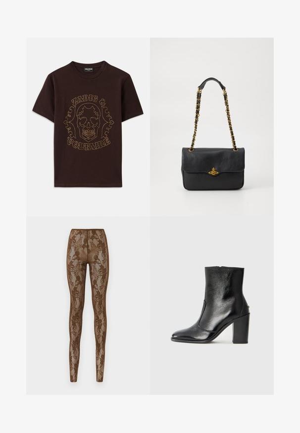 Juodas medvilnės marškinėliai, su auksinėmis skaldytomis kaukolėmis, ant kurios yra užrašas "Zadig & Voltaire", trumpomis rankovėmis ir apvaliu kaklu.; Rudos nėrinių legginai su gėlių raštu, turintys permatomą tekstūrą ir prigludančią konstrukciją. Aukštas juosmuo užtikrina tvirtą prigludimą, siūlės lygios.; Juodas odinis kulkšninis batas su lygiu paviršiumi, smailiu pirštu ir masyviu aukštu kulnu. Savybė - šoninis atidarymas ir minimalistiškas dizainas.; Juodas odinis rankinukas su užlenkiama sklende, auksinės spalvos grandinėlė ir logotipo detalių dekoracija priekyje. Lygi tekstūra.