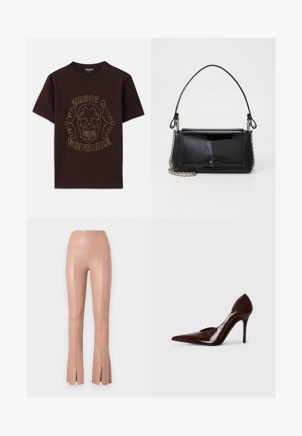 Juodas medvilnės marškinėliai, su auksinėmis skaldytomis kaukolėmis, ant kurios yra užrašas "Zadig & Voltaire", trumpomis rankovėmis ir apvaliu kaklu.; Prigludę, aukštu liemeniu, rožinės spalvos kelnės, pagamintos iš lygios, elastingos medžiagos su šoninėmis plyšimis apatine dalimi. Yra siūlų detalizavimas.; Ruda patentinė oda aukštakulnė bateliai su smailiu pirštu ir išpjovomis šoninėse, pasižymintys plonu kulnu ir glotnia apdaila.; Juodas lakinės odos rankinės ilgis stačiakampis, su grandinėlės dirželiu ir išskirtiniu metaliniu akcentu centre. Lygus paviršius.