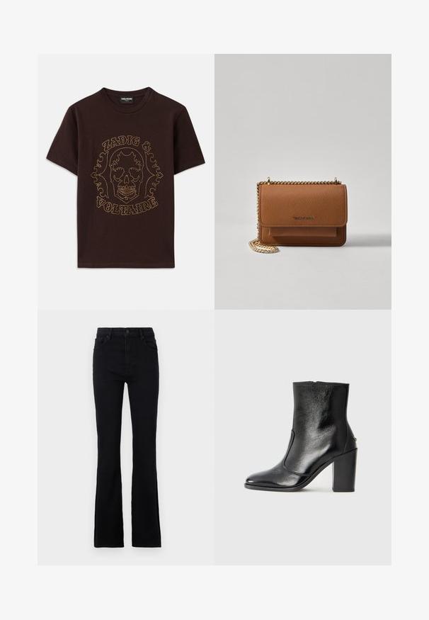 T-shirt noir en coton, avec un graphique de skull entouré de clous dorés et le texte "Zadig & Voltaire", à manches courtes et col rond.; Jean évasé noir en tissu mélangé coton. Dispose d'une fermeture à bouton, de passants de ceinture et de deux poches avant pour un usage pratique.; Bottine en cuir noir, avec une texture lisse, un bout pointu et un talon chunky haut. Présente une ouverture sur le côté et un design minimaliste.; Sac en cuir texturé marron en bandoulière avec une sangle en chaîne dorée et une fermeture à rabat. L'avant présente un détail de logo et une poche sous le rabat.