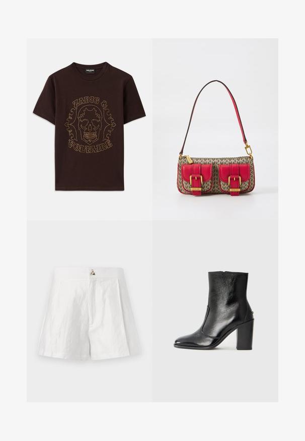 Camiseta negra de algodón, con un gráfico de calavera contorneado con tachuelas doradas y el texto "Zadig & Voltaire", de manga corta y cuello redondo.; Shorts de lino blancos con una cintura plana, diseño frontal plisado y un acento de logo metálico en la parte central delantera.; Botín negro de cuero con textura suave, puntera puntiaguda y un tacón alto y robusto. Presenta una apertura lateral y un diseño minimalista.; Bolso con un patrón geométrico marrón, detalles en cuero rojo, dos bolsillos frontales con hebillas y una correa de hombro delgada. Detalles en hardware dorado.