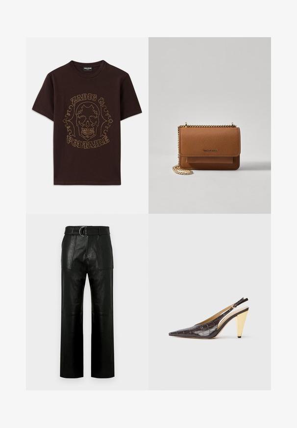 Czarna koszulka z bawełny, z grafiką czaszki obramowaną złotymi ćwiekami i napisem "Zadig & Voltaire", krótki rękaw i okrągły dekolt.; Czarne skórzane spodnie z wysokim stanem, szerokimi nogawkami, dużymi przednimi kieszeniami i dopasowanym paskiem z podwójną klamrą.; Sandały na obcasie z przeszyciem w ciemnym brązowym lakierowanym faux krokodyle. Posiadają złoty geometrzyczny obcas oraz regulowany pasek wokół kostki.; Brązowa skórzana torba na ramię z teksturą, z złotym łańcuszkiem i zapięciem na klapkę. Z przodu znajduje się detal z logo oraz kieszeń pod klapką.