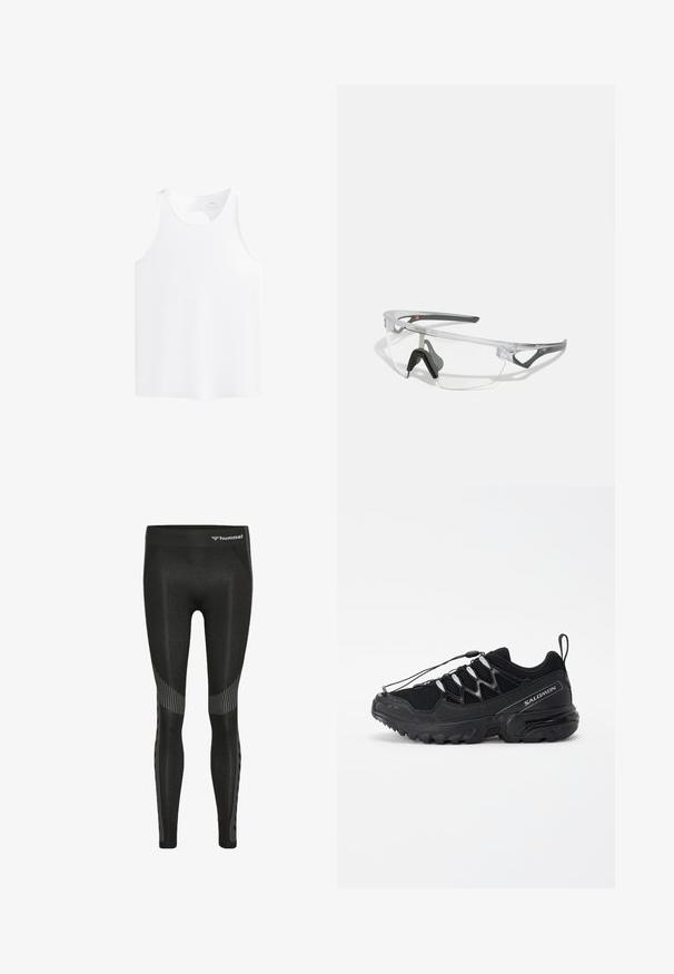 Top senza maniche bianco con un'apertura rotonda sul retro, texture liscia e una forma semplice e dritta.; Leggings sportivi neri con vita alta, tessuto testurizzato e motivi a righe lungo i lati per un tocco di dettaglio in più.; Scarpe da corsa nere con tomaia in rete, dettagli riflettenti e lacci elastici. Presentano una suola robusta con schemi di trazione per la stabilità.; Occhiali di sicurezza trasparenti con una montatura leggera e trasparente e accenti grigi. Presentano un design avvolgente e un supporto per il naso regolabile.