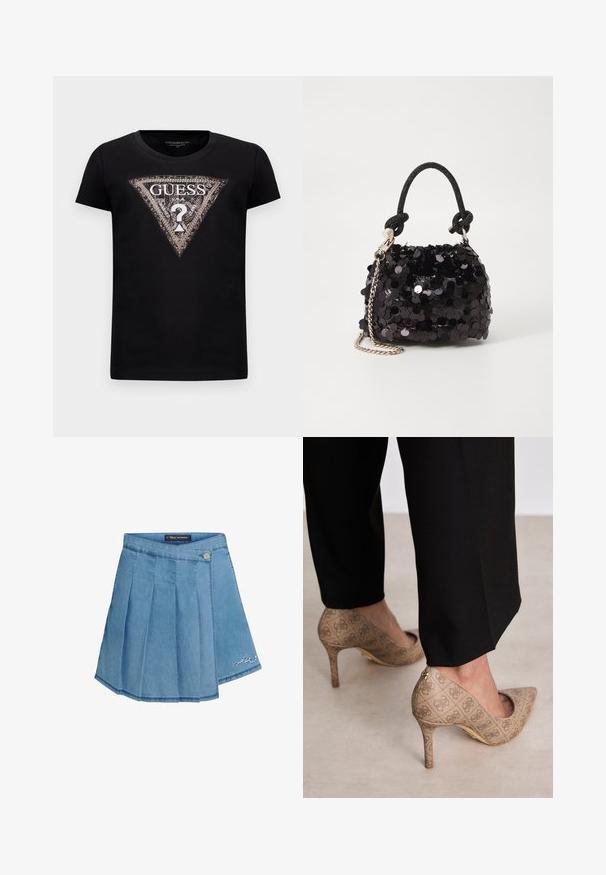 Svart t-skjorte med kort erm og et stort glitrende trekantet logo med "GUESS U.S.A." og et sentralt spørsmålstegn.; Lys blå denimskjørt med plisserte detaljer, metallknappelukking og broderte detaljer ved kanten. Glatt tekstur og A-formet fasong.; Beige høyhælte sko med teksturert stoff som har et gjentatt mønster. Spiss tådesign med bakdetalj og gullhelsjekk.; Svart paljettmini-veske med en knyttet teksturert stropp og sølvkjede. Rund form med samlet topp og reflekterende detaljer.